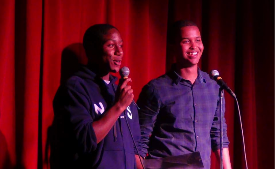 Trey Peters (L) and Gulet Isse (R) had audience members in stitches with their playful banter.
(Photo courtesy of Mrs. Napoliello)