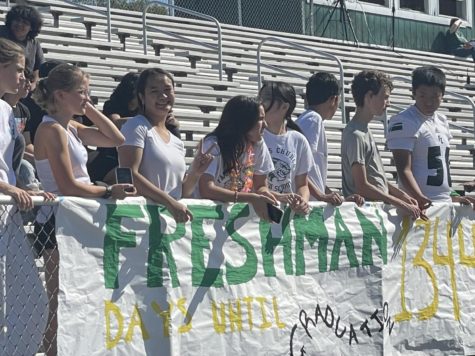 Freshmen dressed in white look out from the bleachers.