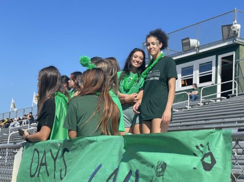 Students dressed in green on the bleachers behind a green sign.